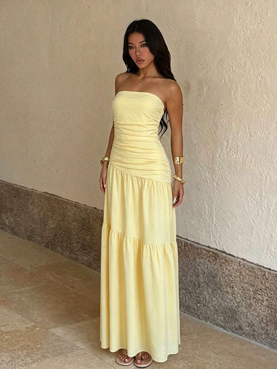 Women's Summer Yellow Sexy Solid Color Strapless A-Line Ruched Dress, Suitable For Valentine's Day Date, Graduation Season Party