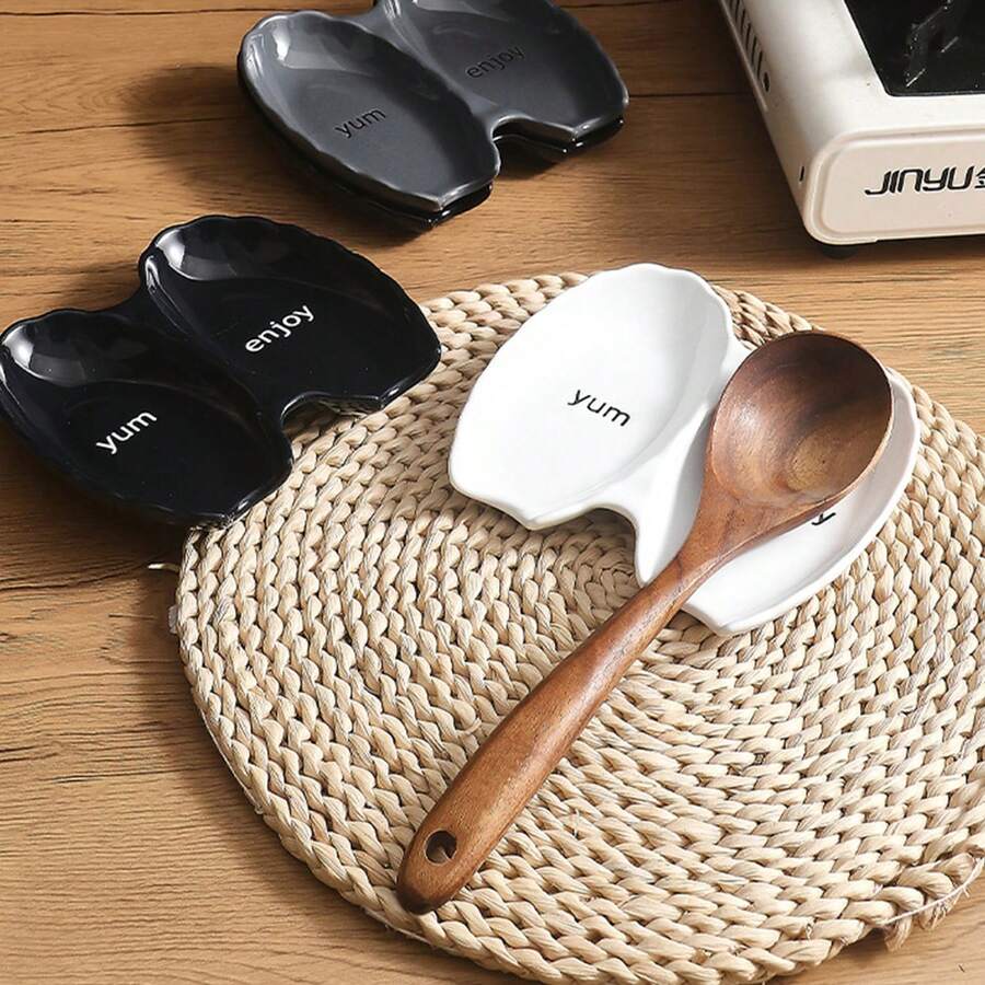 1pc Glossy Ceramic Spoon Holder, Modern Leaf-Shaped Kitchen Utensil Storage Rack, Countertop Spoon Holder, Suitable For Ladles, Spoons And Cooking Utensils, Heat-Resistant Spoon Tray, Coffee Bar Accessory, Home Kitchen Decor - Multicolor - View 1
