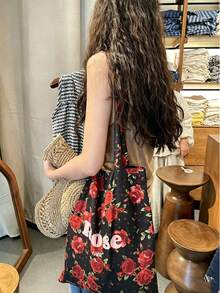French-Inspired South Seas-Style Canvas Bag With Vintage Red Roses, Shoulder Strap, Large Capacity Perfect For Daily Commuting And Business Use - Rose Red - View 2