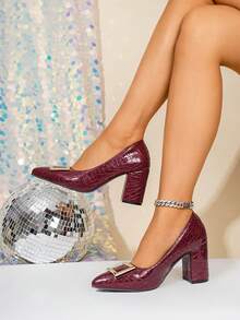 Commuter Versatile Square Buckle Pointed Toe Plus Size Work Pumps For Women, Spring/Autumn New Thick High Heel Low Vamp Professional Shoes - Burgundy - View 4