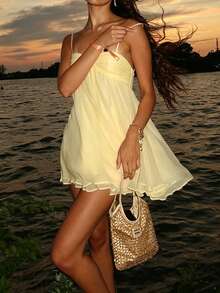 Women's Summer Vacation Style Ruffle Hem Short Camisole Dress - Light Yellow - View 5