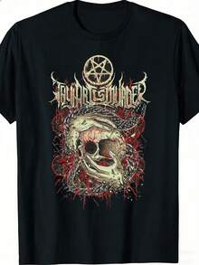 Camiseta negra con diseño de calavera y pentagrama para fans del metal y entusiastas del estilo gótico, cuello redondo informal, tela ligeramente elástica, corte regular, estampado, perfecta - Negro - Ver 6