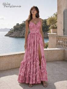 Pink Purple Floral Chiffon V-Neck Backless Tiered A-Line Maxi Dress - 粉紅紫 - 查看 6