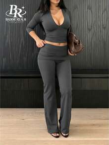 BADDIE REALM Women's 2pcs Crop Top Elastic Daily Basic - Grey - View 4