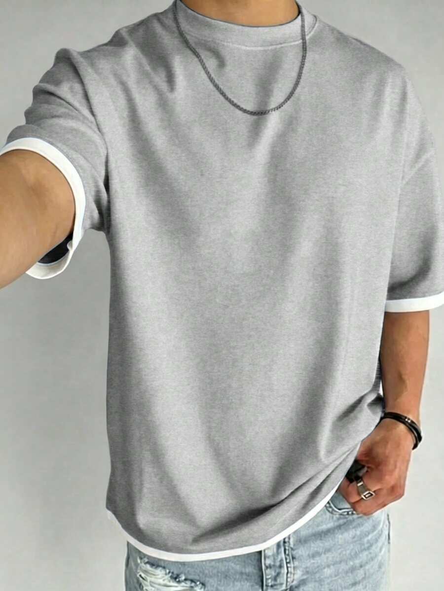 Men's Summer Fashion Versatile T-Shirt, Contrast Color 2 In 1 Design, Regular Crew Neck, Breathable Knit Fabric, Suitable For Daily Wear