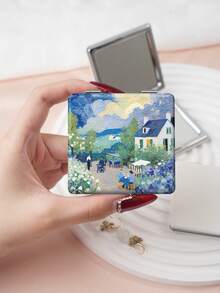 1 pieza Espejo de tocador portátil de la serie de pintura al óleo de paisaje, espejo de mano plegable ligero y ultrafino, cuero PU, adecuado para múltiples ocasiones y todas las personas, espejo cuadrado plegable para llevar - Multicolor - Ver 7