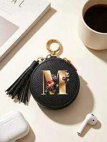 Floral Pattern Key Pouch, Multifunctional Earphone Bag, Data Bag, With Gold 26 Letters A-Z Pattern, Zipper Key Storage Bag, PU Faux Leather Organizer Bag, Zipper Bag, Car Key Storage Bag, Car Keychain, Portable Compact Key Pouch, Minimalist Design, Travel Accessory, Elegant Jewelry, Suitable For Home, Office, Travel, Car, Ideal Gift For Friends, Family, Couples Wedding, Mother's Day - Multicolor - View 7