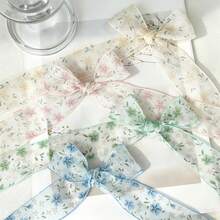 2碼透明雪紡花卉印花紋理緞帶，婚禮花束裝飾緞帶，適用於手工花束、禮物包裝、派對裝飾、花藝設計、手工DIY蝴蝶結禮物緞帶，質地光滑，活動裝飾 - 1件 藍色 - 查看 3