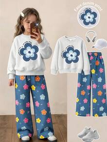 2pcs/Set Girls' Round Neck Sweatshirt And Denim Like Floral Bow Wide Leg Pants Outfit, Printed Denim Like Floral Round Neck Sweatshirt + Denim Like Floral Bow Wide Leg Pants Matching Set, Suitable For Autumn/Winter Daily Wear - Multicolor - View 1