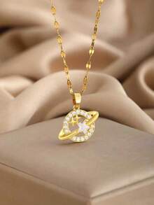 1pc Exquisite Sweet Cubic Zirconia Decor Star & Planet Pendant Necklace For Girls Children's Day & Birthday Gift For Everyday Versatile Jewelry - Gold - View 2