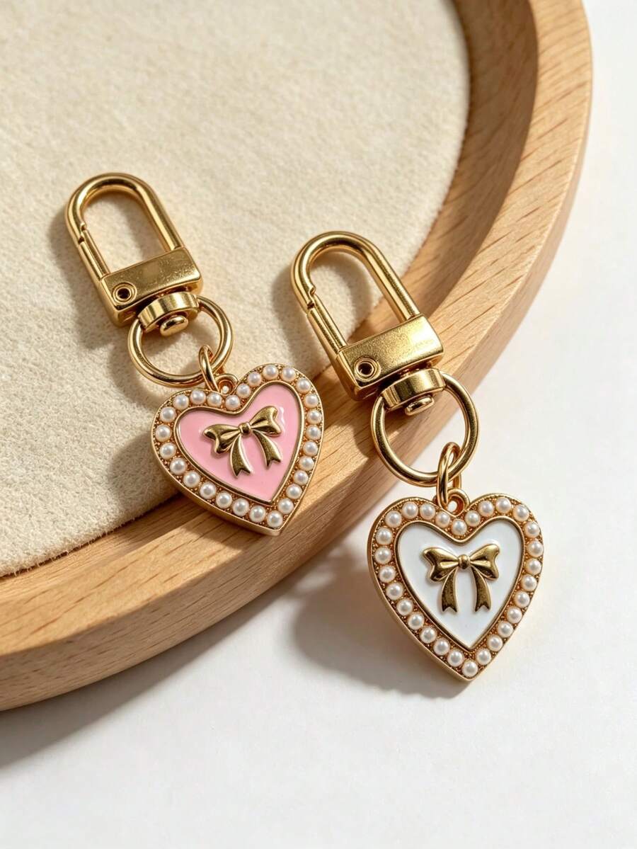 1pc/2pcs/5pcs Pearl Heart Pendant Simple Oil Drip Heart Bow Keychain Charm, Versatile Daily Bag Accessory - Multicolor - View 1