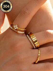 1pc 304 Stainless Steel + Copper 18K Gold Plated Stackable Ring Set, Women's Style Design, Includes 5pcs Clover, Full Rhinestone And Enamel Heart-Shaped Shiny Rings, Hypoallergenic Minimalist Style Jewelry, Perfect Mother's Day Gift Choice, Summer Vacation Accessory - Yellow Gold - View 3
