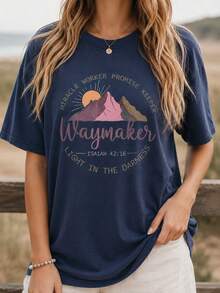 Women's Casual Cotton Short Sleeve Round Neck T-Shirt With Mountain Graphic, Regular Fit For Summer - 藏青色 - 查看 1