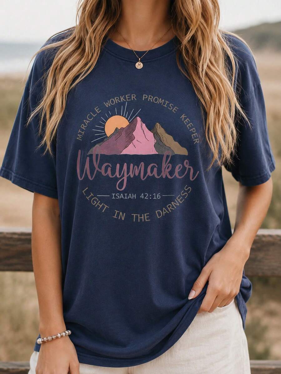 Women's Casual Cotton Short Sleeve Round Neck T-Shirt With Mountain Graphic, Regular Fit For Summer - 藏青色 - 查看 1