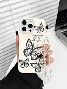 1pc White Lychee Texture Matte Minimalist Butterfly Painted Anti-Fall Phone Protective Case With Phone Lanyard Compatible With IPhone 17pro/17Air/17/17promax/16/11/16pro/16plus/16promax/16e/15Promax/13/14/12/XS/XR/7G/8P, Anti-Fall Phone Protective Case - Multicolor - View 2