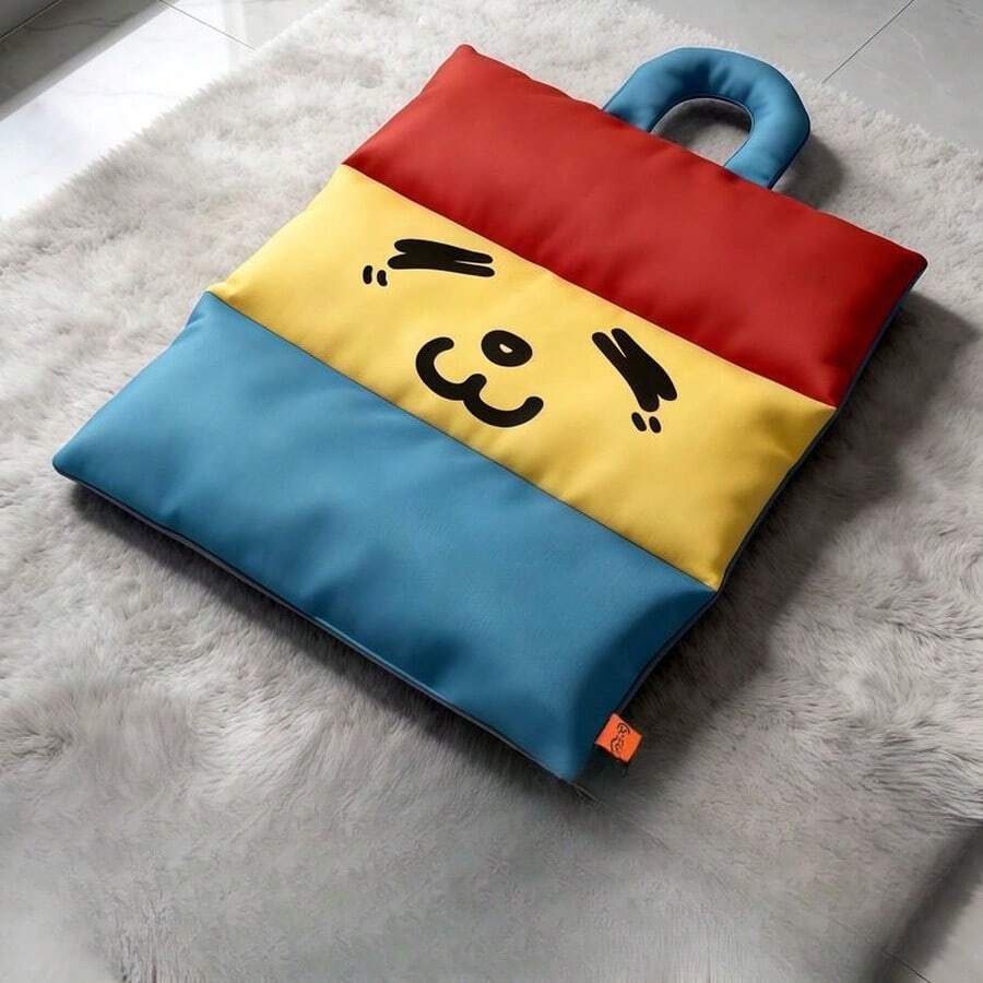 1Pc Red Yellow Blue Color Block Cartoon Face Pet Bed Mat With Carry Handle, Thick Soft Waterproof Foldable Washable Sleeping Cushion, Portable Rest Pad For Small Medium Dogs Cats Indoor Car Travel Home Sofa Use - Blue - View 1