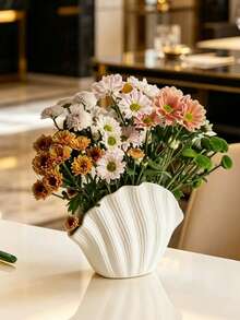 Jarrón de cerámica con forma de concha blanca, jarrón decorativo de flores con textura acanalada minimalista moderna para sala de estar, mesa de comedor y decoración del hogar - Jarrón de conchas marinas - Ver 4