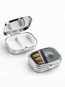 1pc Classic Open Sea Fish Pattern Fishing Boat Square Pill Box, Traditional Nautical Realistic Style, 2-Compartment Portable Storage Box For Bag Accessories And Supplements, Outdoor Portable Pill Box - Multicolor - View 3