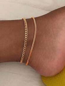 2pcs Vintage Fashion Minimalist Chain Double Layer Anklet Set For Women - Gold - View 4