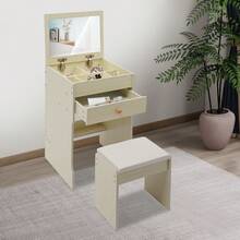 Compact Vanity Table With Mirror And Matching Stool, Dressing Table With Multiple Compartments, Space-Saving Makeup Desk For Bedroom And Apartment - 白色 - 查看 3