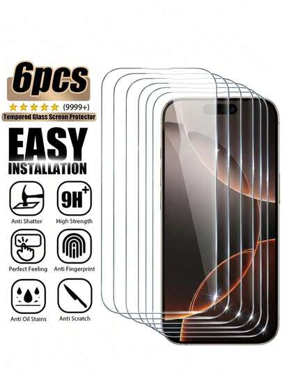 6pcs [Ultra HD Screen Protector Multi-Pack] High-Definition Tempered Glass Phone Film, Made Of High-Hardness Durable Glass, Stable And Reliable, Effectively Resists Scratches When Placed With Keys And Other Items, High-Transparency Film Surface Presents Clear Image, Compatible With IPhone 17e/17promax/17pro/16promax/16pro/15promax/15pro/14promax/14pro/13promax/13pro/17/16/15/14/13/12/11 Full Series