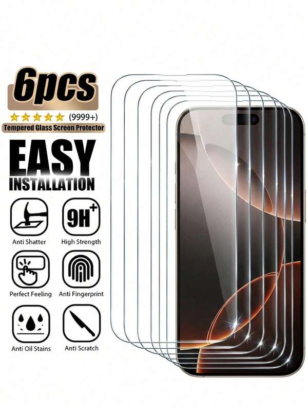 Bộ 6 miếng dán màn hình kính cường lực Ultra HD độ nét cao cho điện thoại, làm từ kính độ cứng cao bền bỉ, ổn định và tin cậy, chống trầy xước hiệu quả khi để cùng chìa khóa và các vật dụng khác, bề mặt phim trong suốt hiển thị hình ảnh rõ nét, tương thích với iPhone 17e/17 Pro Max/17 Pro/16 Pro Max/16 Pro/15 Pro Max/15 Pro/14 Pro Max/14 Pro/13 Pro Max/13 Pro/17/16/15/14/13/12/11 Full Series