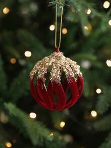 3.15 Inch Flocked Christmas Ball Ornament, Burgundy Glitter Flocked Christmas Tree Hanging Pendant, Rhinestone Flocked Painted Christmas Ball, Suitable For Winter Christmas Tree, Holiday Party, Home Wreath, Wedding Home Decor, New Year, Creating Festive Atmosphere - Red - View 5