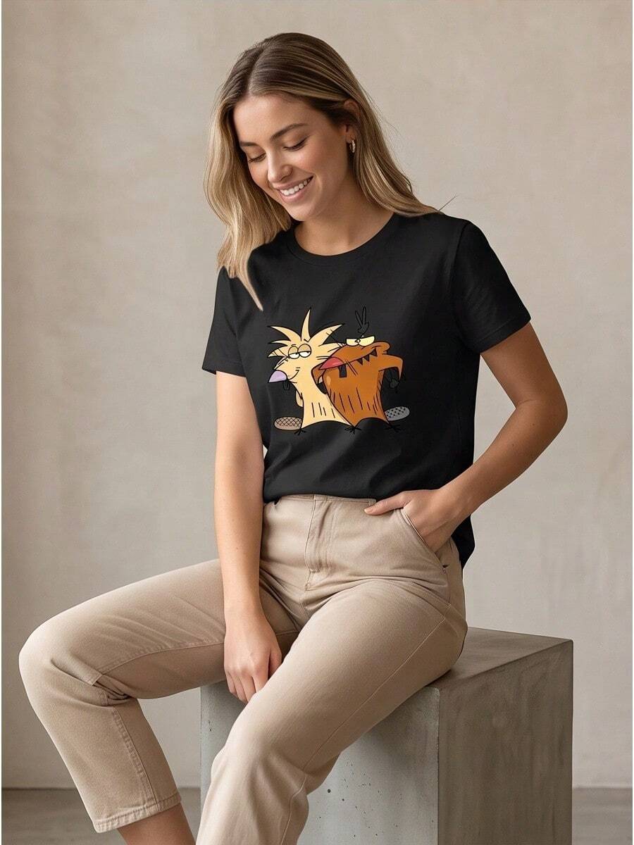 Vintage Cartoon Graphic Casual Short Sleeve T-Shirt For Ladies, Cute All Fashion Brothers Print Daily Spring Summer Top - 黑色 - 查看 1