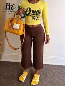 BADDIE REALM Set Pakaian Dalam Wanita 2 Potong Motif Huruf Elastis untuk Sehari-hari - Kuning - View 2