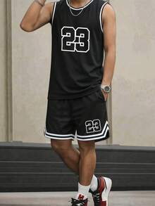 2件組 男童青少年戶外運動休閒百搭籃球健身跑步無袖上衣與短褲套裝 - 黑色 - 查看 1
