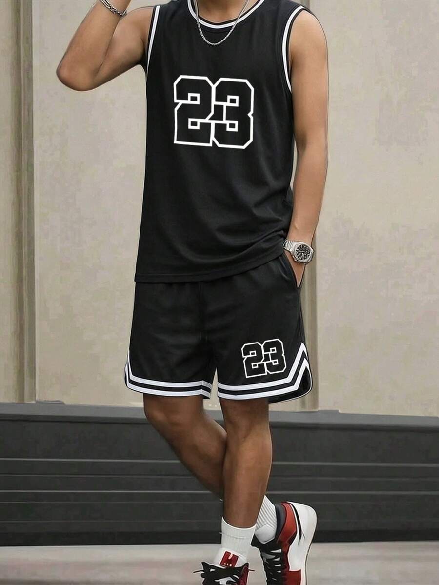 2件組 男童青少年戶外運動休閒百搭籃球健身跑步無袖上衣與短褲套裝 - 黑色 - 查看 1