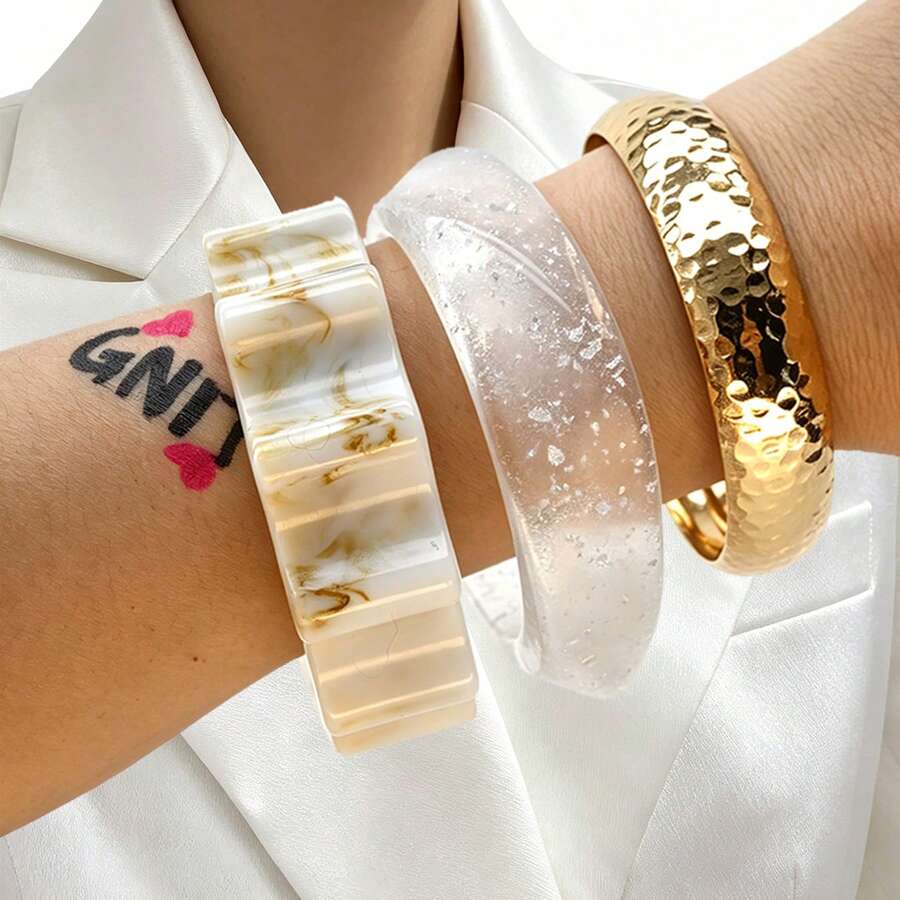 GNIT Gelang Emas & Resin untuk Wanita, 3 Buah/1 Buah Gelang Tebal yang Dapat Ditumpuk dengan Emas dan Perak Bertekstur, Set Perhiasan - Putih-coklat, ular emas, blok tembus pandang - View 1