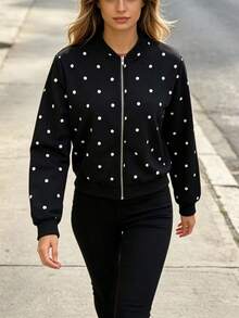 Fashionable Commuter Polka Dot Print Flight Jacket - Black - View 5