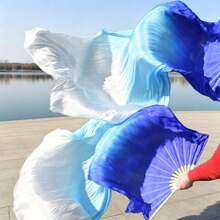 2pcs 150cm/59.05in  White And Blue Gradient Dance Long Floating Fan Imitation Of Silk Classical Dance Long Silk Fan Stage Performance Hanfu Photography Left And Right Hand Performance Fan - Multicolor - View 2