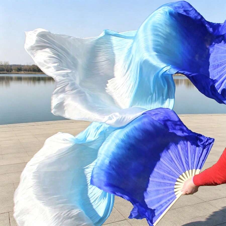 2pcs 150cm/59.05in  White And Blue Gradient Dance Long Floating Fan Imitation Of Silk Classical Dance Long Silk Fan Stage Performance Hanfu Photography Left And Right Hand Performance Fan