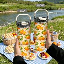1/5 pezzi Bicchiere termico isolato sottovuoto da 30 once con scatola regalo, stampa di fiori e foglie di arancia crema arancione brillante, manico pieghevole portatile, coperchio a doppio ribaltamento antiscivolo, tazza a doppia parete per spiaggia e campeggio, regalo estivo vivace e fresco con frutta - Arancia - Visualizzare 5