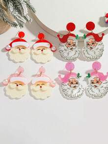 2pcs Christmas Earrings Santa Claus Acrylic Earrings Cute Jewelry Cartoon Santa Claus Fashion Pendant Earrings Holiday Celebration Accessories Perfect Christmas Gift For Family And Friends - Multicolor - View 4