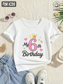 Summer/Autumn Cotton Short-Sleeved T-Shirt For Girls, Featuring A 6 Birthday Number Print, In A Cute And Sweet Style - White - View 1