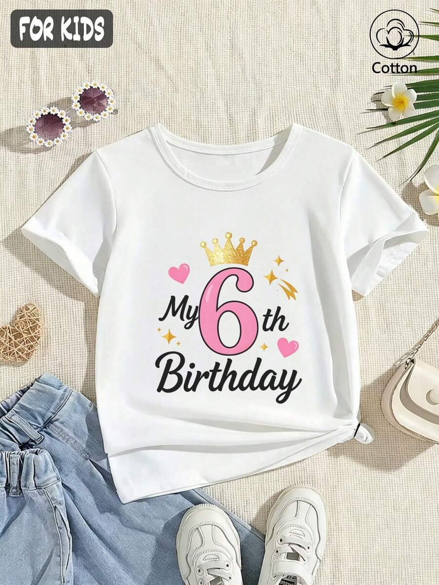 Summer/Autumn Cotton Short-Sleeved T-Shirt For Girls, Featuring A 6 Birthday Number Print, In A Cute And Sweet Style - White - View 1
