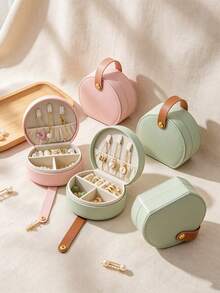1pc/6pcs Portable Round Jewelry Storage Box With Handle, Multi-Compartment Interior, Soft Lining Anti-Scratch, Mini PU Leather Travel Jewelry Box, Compact Size, Suitable For Storing Rings, Earrings And Small Accessories - Multicolor - View 5