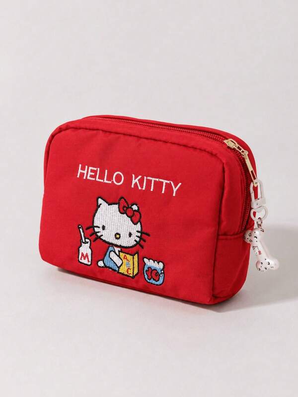 2pcs Authentic Sanrio Hello Kitty Red Embroidered Makeup Bag, Compact Zippered Cosmetic Storage Pouch, Portable Travel Toiletry Organizer, Suitable For Cosmetics And Daily Essentials