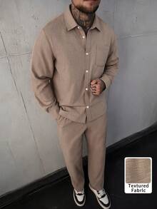 [Minimalist Premium Style]Spring/Autumn Khaki Textured Long Sleeve Drawstring Pants Set, Lapel Collar Chest Pocket + Cuff Buttons, Draping Skin-Friendly Urban Casual Slouchy 2 Pieces Set - Coffee Brown - View 1