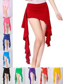 Asymmetric Draped Streamer Skirt Elastic Waist Wavy Hem Dance Skirt, Latin Belly Dance Party Performance Flowy Mini Skirt (Multiple Colors Available) - Multicolor - View 1