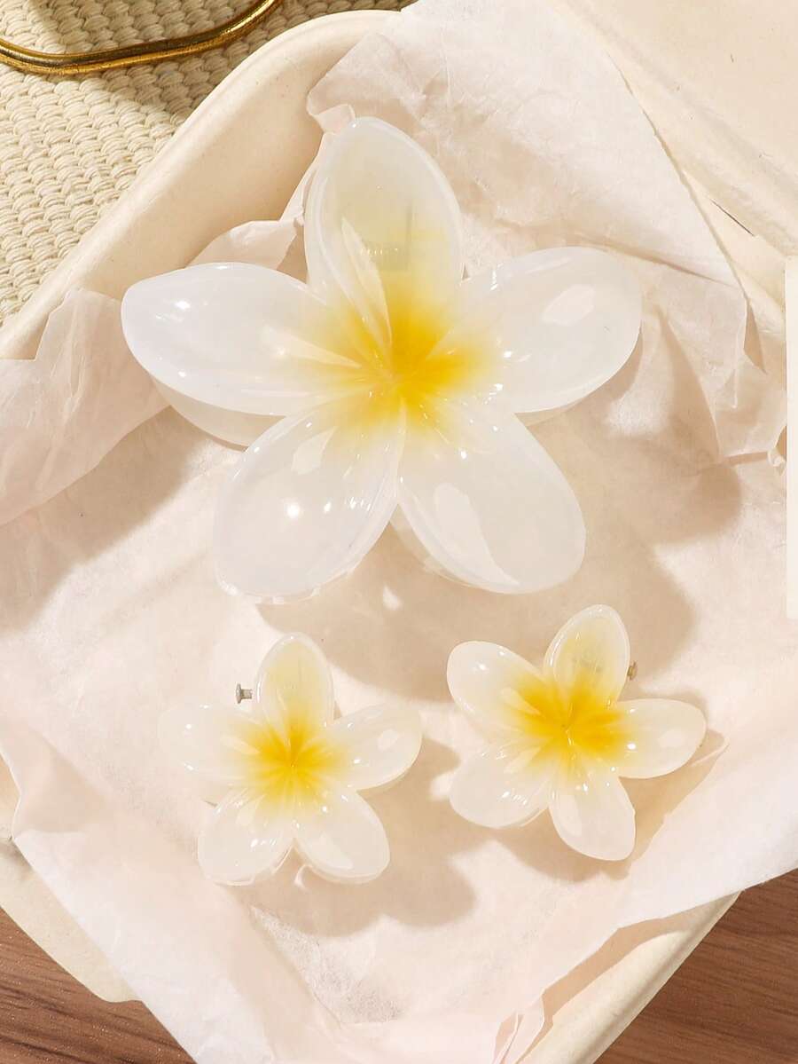 3件組夏季白色-黃色漸層果凍3D扶桑花髮夾，清新波西米亞風，海洋海灘度假、旅行、下午茶、野餐髮飾