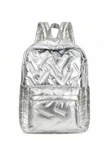 Student Backpack, New Classic University Style, Solid Color And Diamond Pattern Design, Large Capacity Multi-Pocket Bag, Also Suitable For Travel And Vacation, Perfect For Campus Use. Suitable For Short Trips - Silver - View 5