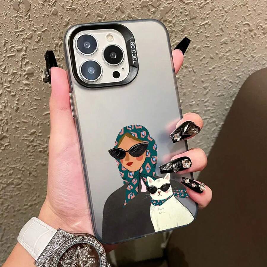 Cartoon Cute Cat Headscarf Women Phone Case For IPhone 17 13 12 Mini 11 Pro Max 16 15 14 Plus Pro Max Shockproof Laser Case - CH-Black NRYM 3 - 查看 1