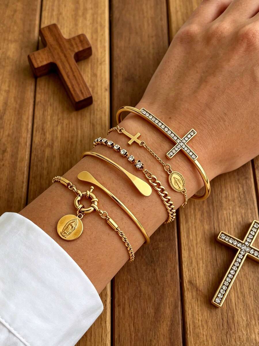 5PCS Vintage Luxury Gold Cross Bracelet, Rhinestone Cross Thin Chain With Virgin Mary Embossed Pendant, Smooth Water Drop Bangle, OT Clasp Chunky Chain, Niche Design, Versatile Everyday Accessory - Gold - View 1