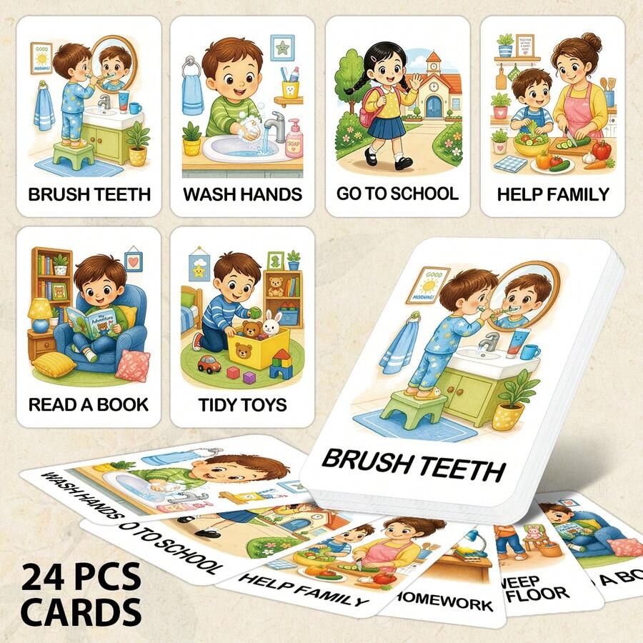 24 Stück Visuelle Karten für den Tagesablauf, illustrierte Zeitplan-Karteikarten für Morgen und Abend, niedliche Cartoon-Tagesablaufkarten mit Zähneputzen, Händewaschen, Aufstehen, Zubettgehen & Hausarbeiten - Verschiedenfarbig - Übersicht 1