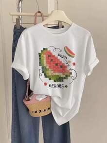 Graphic Printed Crew Neck Tee For Ladies, Short Sleeve Spring Summer Daily Wear - White - View 3
