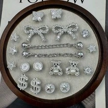 20件裝銀色水鑽珍珠大蝴蝶結鏈條鞋飾，適用於園藝鞋、涼鞋的可拆卸鞋飾，節日禮物 - 銀色 - 查看 5